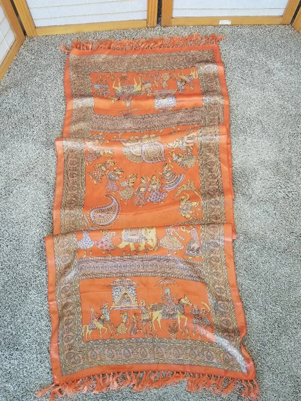 Extra Long Rectangular Scarf Wrap 100% Silk Satin Orange Blue Artistic Indian